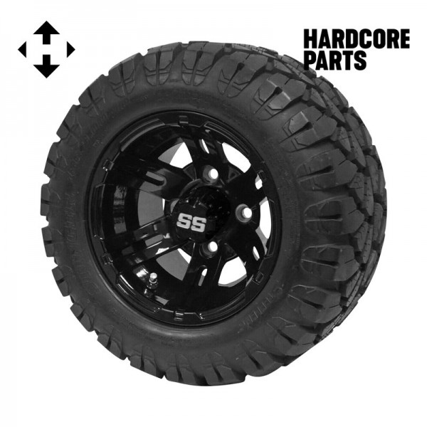 10" Black 'Bulldog' Golf Cart Wheel and Tire Combo - Set of 4, includes 'SS' center caps and lug nuts