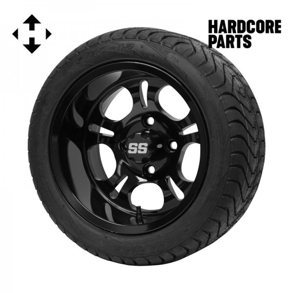 12" Black ‘Darkside’ Golf Cart Wheel and Tire Combo - Set of 4, includes 'SS' center caps and lug nuts