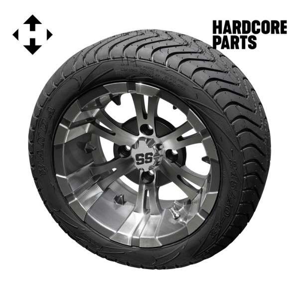 12" Machined/Gunmetal ‘Vampire’ Golf Cart Wheel and Tire Combo - Set of 4, includes 'SS' center caps and lug nuts