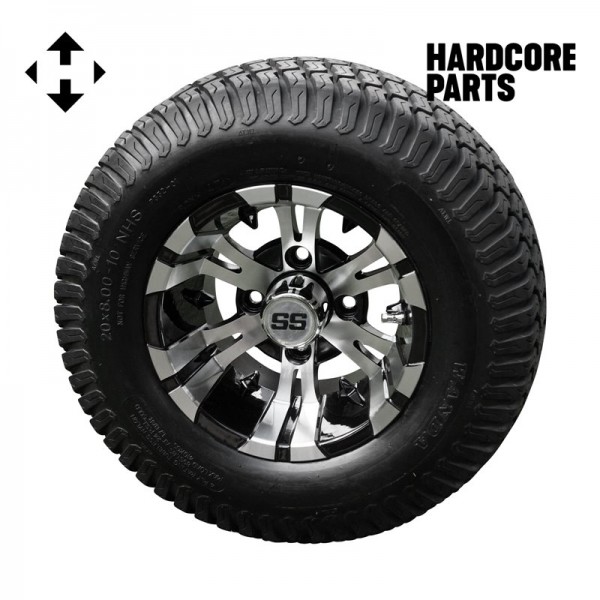 10" Machined/Black 'Vampire' Golf Cart Wheels and 20"x8"-10 Turf tires - Set of 4, includes Chrome 'SS' center caps and M12x1.25 Chrome lug nuts