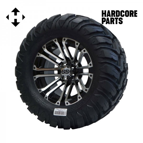 12" Machined/Black 'Lancer' Golf Cart Wheel and Tire Combo - Set of 4, includes 'SS' center caps and lug nuts