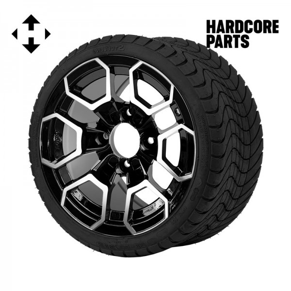 12" Machined/Black 'TALON' Golf Cart Wheels and 215/35-12 DOT rated Low Profile tires - Set of 4, includes Chrome 'SS' center caps and 12x1.25 lug nuts