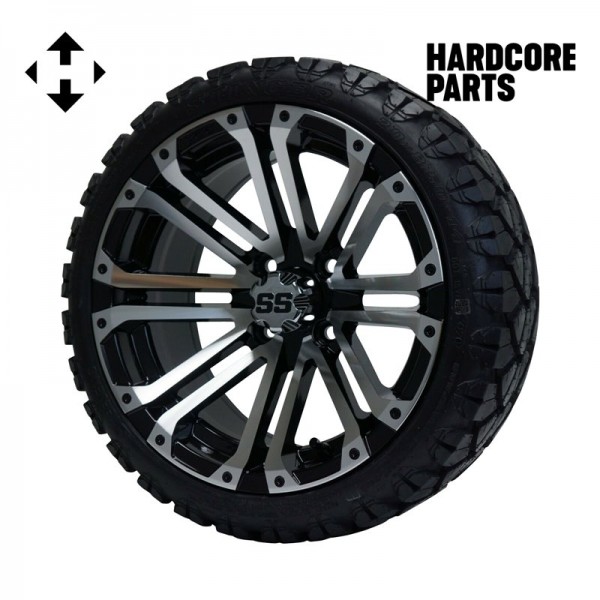 14" Machined/Black 'Lancer' Golf Cart Wheel and Tire Combo - Set of 4, includes 'SS' center caps and lug nuts