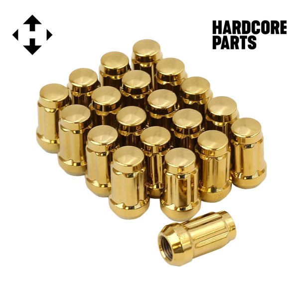 20 QTY Gold Closed End Spline Drive Lug Nuts with Key- Metric 12x1.25 Threads - Conical Cone Taper Acorn Seat Closed End - 1.4" Length - for Subaru, Nissan, Infiniti, & Suzuki + More