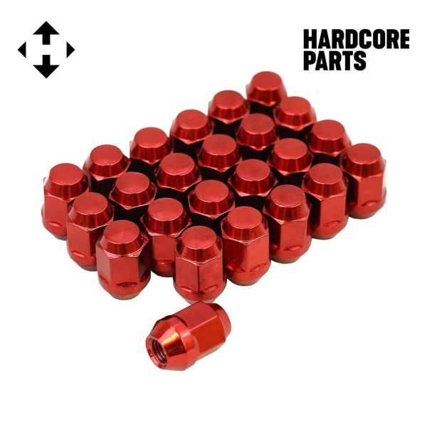 24 QTY Red Bulge Lug Nuts - Metric 12x1.5 Threads - Conical Cone Taper Acorn Seat Closed End - 1.4" Length - Installs with 19mm or 3/4" Hex Socket - for Honda Acura Toyota Mazda Hyundai + More