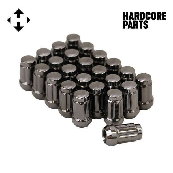 24 QTY Gun Metal Closed End Spline Drive Lug Nuts with Key- Metric 12x1.25 Threads - Conical Cone Taper Acorn Seat Closed End - 1.4" Length - for Subaru, Nissan, Infiniti, & Suzuki + More