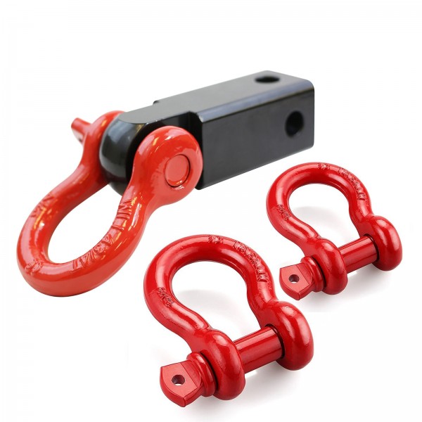 D-Ring Hitch 2” Receiver with 3pc set of 3/4" Red Shackle for Towing Hauling