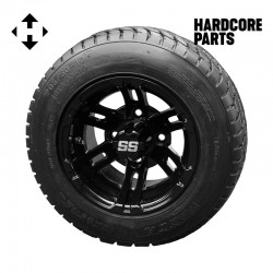 10" Black 'BULLDOG' Golf Cart Wheels and 205/50-10 (18"x8"-10") DOT rated Low Profile tires - Set of 4, includes Black 'SS' center caps and M12x1.25 Black lug nuts