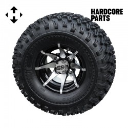 10" Machined/Black 'Kraken' Golf Cart Wheels and 22″x11″-10″ DOT rated All-Terrain tires - Set of 4, includes Chrome 'SS' center caps and M12x1.25 Chrome lug nuts