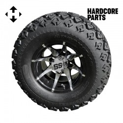 10" Machined/Black 'Kraken' Golf Cart Wheels and 20″x10″-10″ DOT rated All-Terrain tires - Set of 4, includes Chrome 'SS' center caps and M12x1.25 Chrome lug nuts