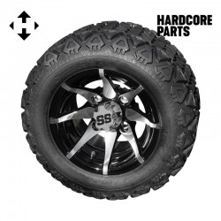 10" Machined/Black 'Kraken' Golf Cart Wheels and 18″x9″-10″ DOT rated All-Terrain tires - Set of 4, includes Chrome 'SS' center caps and M12x1.25 Chrome lug nuts