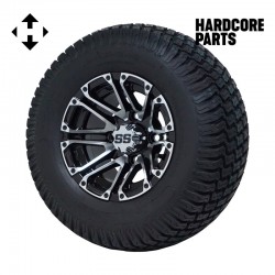 10" Machined/Black 'Lancer' Golf Cart Wheels and 20"x8"-10" Turf tires - Set of 4, includes Chrome 'SS' center caps and M12x1.25 Chrome lug nuts