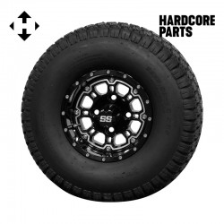 10" Black 'Panther' Golf Cart Wheels and 22"x11"-10" DOT rated All-Terrain tires - Set of 4, includes Black 'SS' center caps and M12x1.25 Black lug nuts