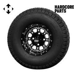 10" Black 'Panther' Golf Cart Wheels and 22"x11"-10" DOT rated All-Terrain tires - Set of 4, includes Black 'SS' center caps and 1/2x20 Black lug nuts