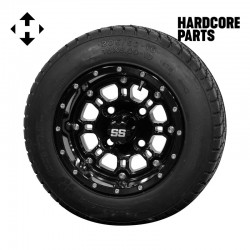 10" Black 'Panther' Golf Cart Wheels and 205/50-10 (18"x8"-10") DOT rated Low Profile tires - Set of 4, includes Black 'SS' center caps and M12x1.25 Black lug nuts