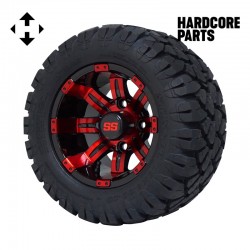 10" Red/Black 'Tempest' Golf Cart Wheel and Tire Combo - Set of 4, includes 'SS' center caps and lug nuts