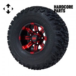 10" Red/Black 'TEMPEST' Golf Cart Wheels and 22″x11″-10″ DOT rated All-Terrain tires - Set of 4, includes Chrome 'SS' center caps and M12x1.25 Black lug nuts