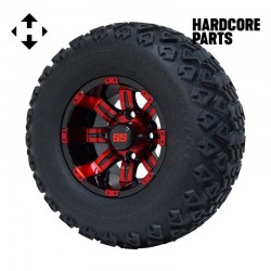 10" Red/Black 'TEMPEST' Golf Cart Wheels and 20″x10″-10″ DOT rated All-Terrain tires - Set of 4, includes Chrome 'SS' center caps and M12x1.25 Black lug nuts