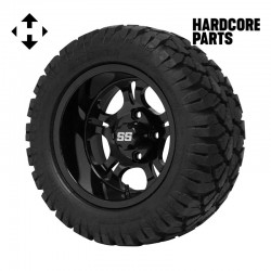 12" Black 'DARKSIDE' Golf Cart Wheels and 20"x10"-12" STINGER On-Road/Off-Road DOT rated All-Terrain tires - Set of 4, includes Black 'SS' center caps and M12x1.25 Black lug nuts