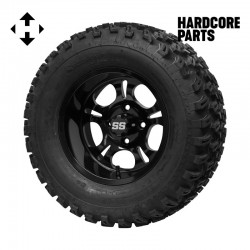 12" Black 'DARKSIDE' Golf Cart Wheels and 23"x10.5"-12" All-Terrain tires - Set of 4, includes Black 'SS' center caps and M12x1.25 Black lug nuts