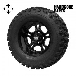 12" Black 'DARKSIDE' Golf Cart Wheels and 23"x10.5"-12" All-Terrain tires - Set of 4, includes Black 'SS' center caps and 1/2x20 Black lug nuts