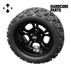 12" Black 'DARKSIDE' Golf Cart Wheels and 20"x10"-12" DOT rated All-Terrain tires - Set of 4, includes Black 'SS' center caps and M12x1.25 Black lug nuts