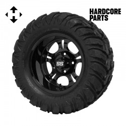 12" Black 'DARKSIDE' Golf Cart Wheels and 22"x11"-12"  DOT rated Mud-Terrain/All-Terrain tires - Set of 4, includes Black 'SS' center caps and M12x1.25 Black lug nuts