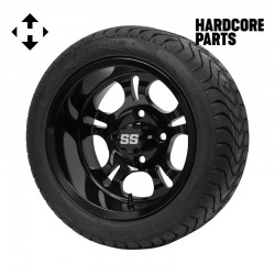 12" Black 'DARKSIDE' Golf Cart Wheels and 215/40-12 (18.5"x8.5"-12") DOT rated Low Profile tires - Set of 4, includes Black 'SS' center caps and M12x1.25 Black lug nuts