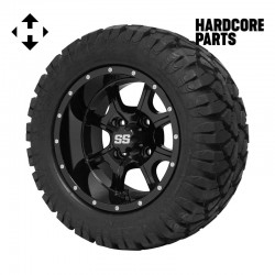 12" Black 'Night Stalker' Golf Cart Wheels and 20"x10"-12" STINGER On-Road/Off-Road DOT rated All-Terrain tires - Set of 4, includes Black 'SS' center caps and 1/2x20 Black lug nuts