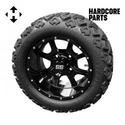 12" Black 'Night Stalker' Golf Cart Wheels and 20"x10"-12" DOT rated All-Terrain tires - Set of 4, includes Black 'SS' center caps and 1/2x20 Black lug nuts