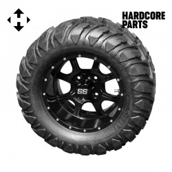12" Black 'Night Stalker' Golf Cart Wheels and 22"x11"-12"  DOT rated Mud-Terrain/All-Terrain tires - Set of 4, includes Black 'SS' center caps and M12x1.25 Black lug nuts