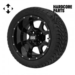 12" Black 'Night Stalker' Golf Cart Wheels and 215/40-12 (18.5"x8.5"-12") DOT rated Low Profile tires - Set of 4, includes Black 'SS' center caps and 1/2x20 Black lug nuts