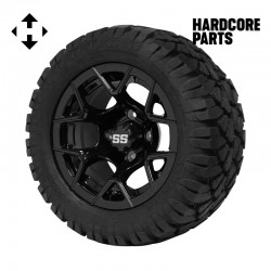 12" Black 'Rally' Golf Cart Wheels and 20"x10"-12" STINGER On-Road/Off-Road DOT rated All-Terrain tires - Set of 4, includes Black 'SS' center caps and M12x1.25 Black lug nuts