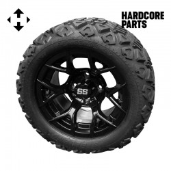 12" Black 'Rally' Golf Cart Wheels and 20"x10"-12" DOT rated All-Terrain tires - Set of 4, includes Black 'SS' center caps and 1/2x20 Black lug nuts