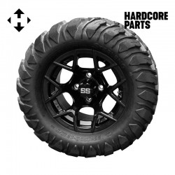 12" Black 'Rally' Golf Cart Wheels and 22"x11"-12"  DOT rated Mud-Terrain/All-Terrain tires - Set of 4, includes Black 'SS' center caps and M12x1.25 Black lug nuts