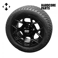 12" Black 'Rally' Golf Cart Wheels and 215/40-12 (18.5"x8.5"-12") DOT rated Low Profile tires - Set of 4, includes Black 'SS' center caps and 1/2x20 Black lug nuts
