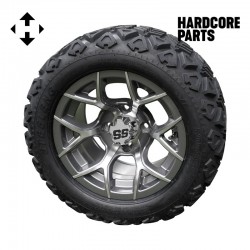 12" Machined/Gunmetal 'Rally' Golf Cart Wheels and 20″x10″-12″ DOT rated All-Terrain tires - Set of 4, includes Chrome 'SS' center caps and M12x1.25 Chrome lug nuts