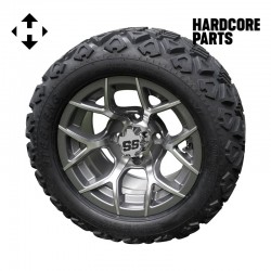 12" Machined/Gunmetal 'Rally' Golf Cart Wheels and 20″x10″-12″ DOT rated All-Terrain tires - Set of 4, includes Chrome 'SS' center caps and 1/2x20 Chrome lug nuts