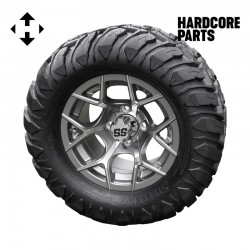 12" Machined/Gunmetal 'Rally' Golf Cart Wheels and 22″x11″-12″  DOT rated Mud-Terrain/All-Terrain tires - Set of 4, includes Chrome 'SS' center caps and M12x1.25 Chrome lug nuts