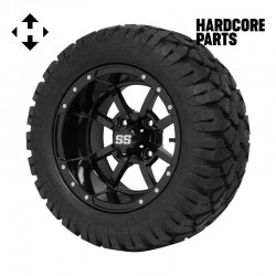 12" Black 'Storm Trooper' Golf Cart Wheels and 20"x10"-12" STINGER On-Road/Off-Road DOT rated All-Terrain tires - Set of 4, includes Black 'SS' center caps and 1/2x20 Black lug nuts