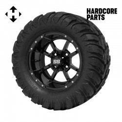 12" Black 'Storm Trooper' Golf Cart Wheels and 22"x11"-12"  DOT rated Mud-Terrain/All-Terrain tires - Set of 4, includes Black 'SS' center caps and M12x1.25 Black lug nuts