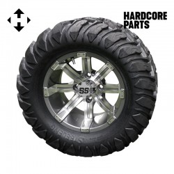 12" Machined/Gunmetal 'Tempest' Golf Cart Wheels and 22″x11″-12″  DOT rated Mud-Terrain/All-Terrain tires - Set of 4, includes Chrome 'SS' center caps and 1/2x20 Chrome lug nuts