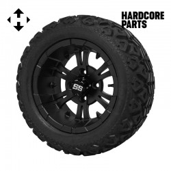 12" Black 'VAMPIRE' Golf Cart Wheels and 20"x10"-12" DOT rated All-Terrain tires - Set of 4, includes Black 'SS' center caps and M12x1.25 Black lug nuts