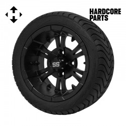 12" Black 'VAMPIRE' Golf Cart Wheels and 215/40-12 (18.5"x8.5"-12") DOT rated Low Profile tires - Set of 4, includes Black 'SS' center caps and 1/2x20 Black lug nuts