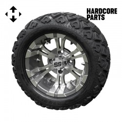 12" Machined/Gunmetal 'VAMPIRE' Golf Cart Wheels and 20″x10″-12″ DOT rated All-Terrain tires - Set of 4, includes Chrome 'SS' center caps and 1/2x20 Chrome lug nuts