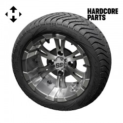 12" Machined/Gunmetal 'VAMPIRE' Golf Cart Wheels and 215/40-12 (18.5″x8.5″-12″) DOT rated Low Profile tires - Set of 4, includes Chrome 'SS' center caps and 1/2x20 Chrome lug nuts