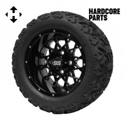 12" Black 'Venom' Golf Cart Wheels and 20"x10"-12" DOT rated All-Terrain tires - Set of 4, includes Black 'SS' center caps and M12x1.25 Black lug nuts