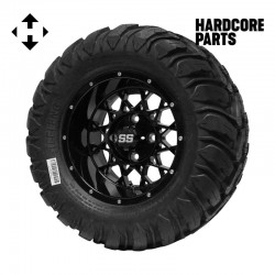 12" Black 'Venom' Golf Cart Wheels and 22"x11"-12"  DOT rated Mud-Terrain/All-Terrain tires - Set of 4, includes Black 'SS' center caps and M12x1.25 Black lug nuts