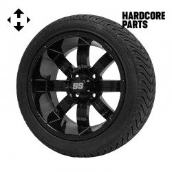 14" Black 'TEMPEST' Golf Cart Wheels and 205/30-14 (20"x8"-14") DOT rated Low Profile tires - Set of 4, includes Black 'SS' center caps and 1/2x20 Black lug nuts