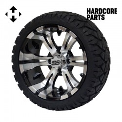 14" Machined/Black 'Vampire' Golf Cart Wheels and 20″x8.5″-14″ STINGER On-Road/Off-Road DOT rated All-Terrain tires - Set of 4, includes Chrome 'SS' center caps & 1/2x20 Chrome lug nuts